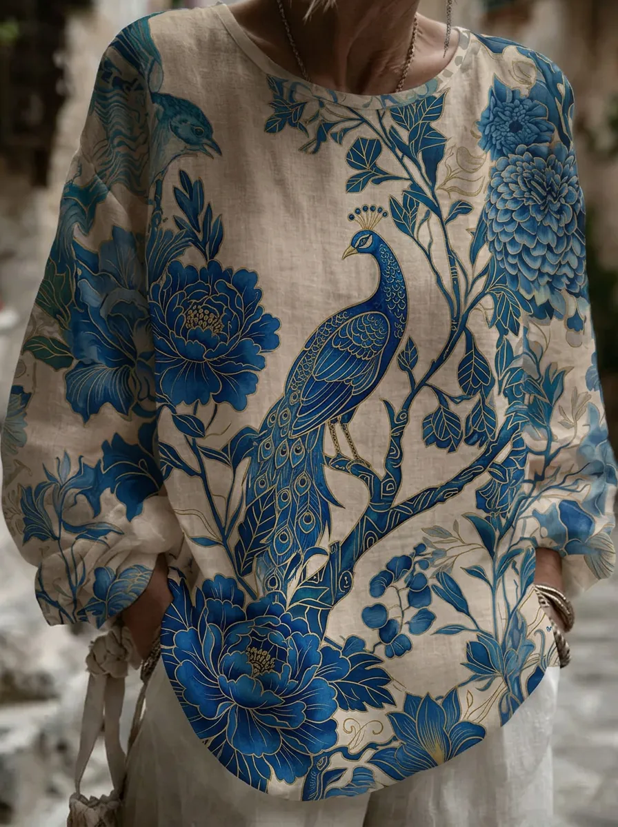 Women's Nashville Peacock Floral Printed Linen Top