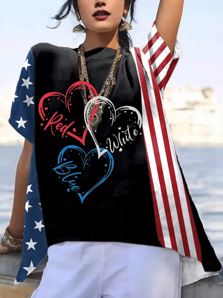 Women's Retro Red White Blue Print Casual Shirt