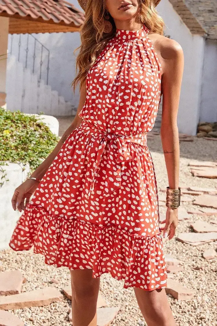 Halter Neck Summer Loose Sleeveless  Ruffle Belt Boho Floral Dress