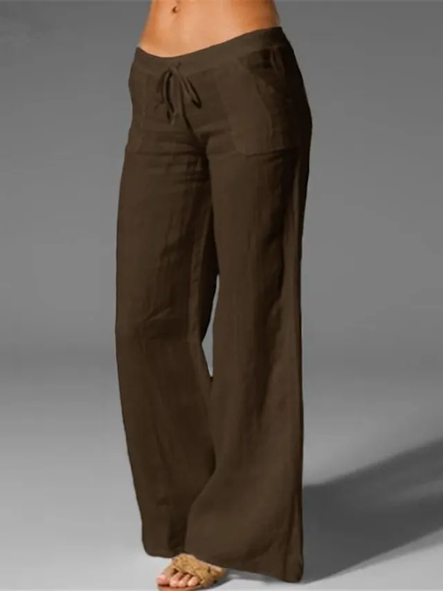 Women's Bootcut Culottes Wide Leg Chinos Cotton Faux Linen Solid Colored Baggy Mid Waist Lightweight Basic Wedding Daily Black White S M Spring &  Fall