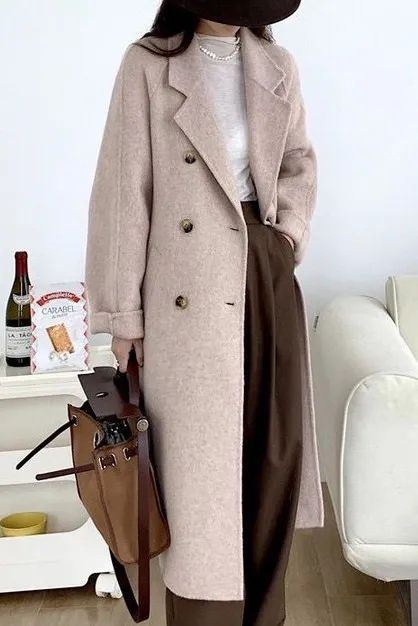 Solid Double Front Tie Breasted Lapel Coat