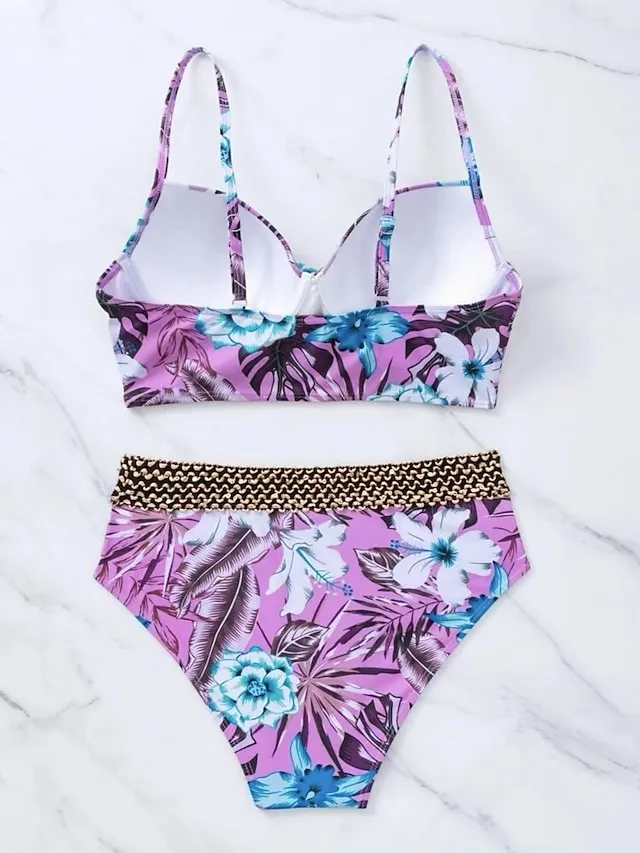 Women's Swimwear Bikini Normal Swimsuit 2 Piece Printing Floral Purple Green Bathing Suits Sports Beach Wear Push Up