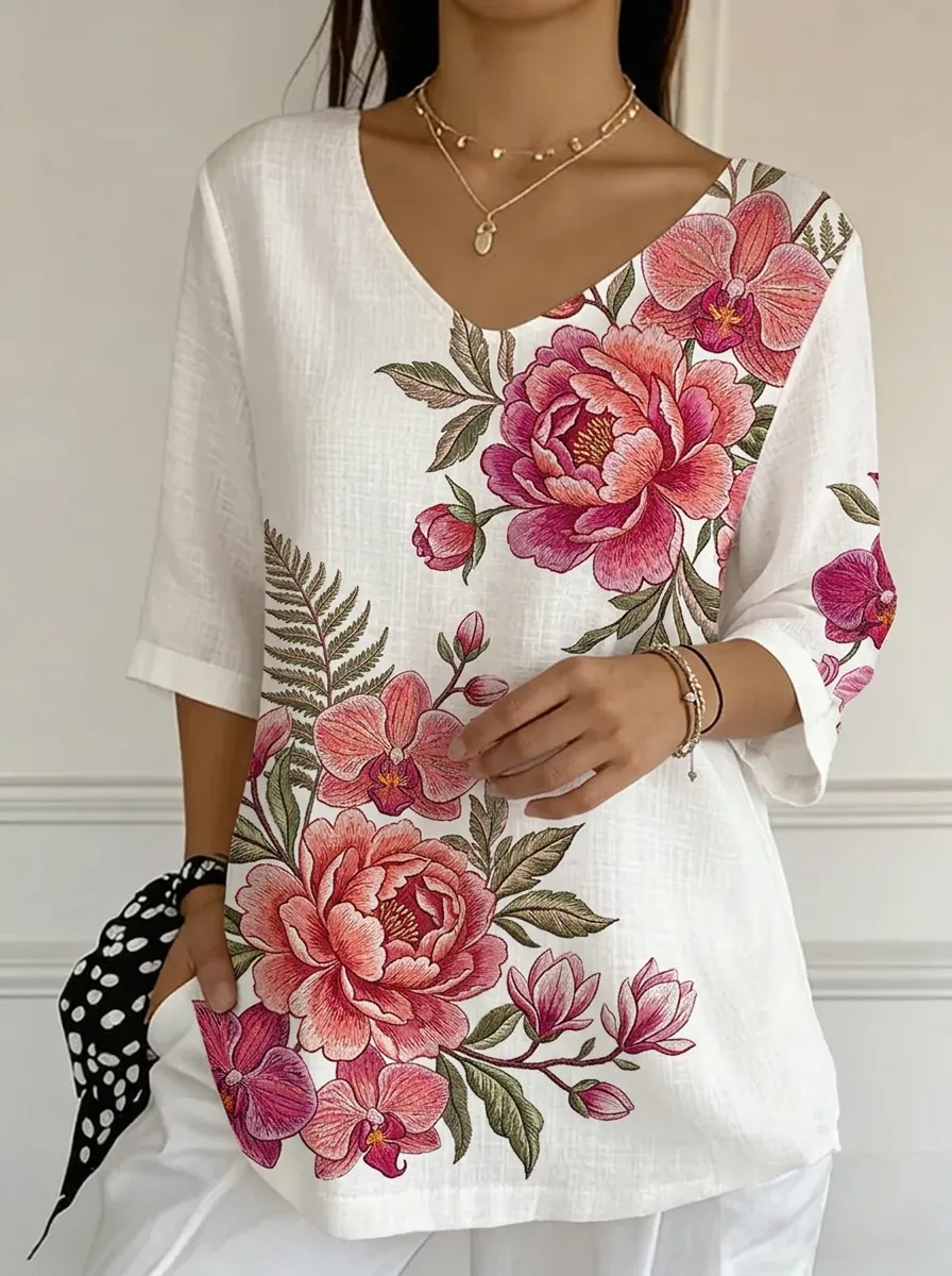Women's Nashville Floral Orchid Peony Printed V-neck Top