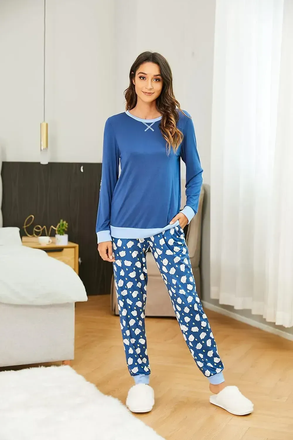 Women's Pajamas Sets Long Sleeve with Plaid Pants Soft Sleepwear O Neck 2 Piece Pjs Joggers Loung Set with Pockets