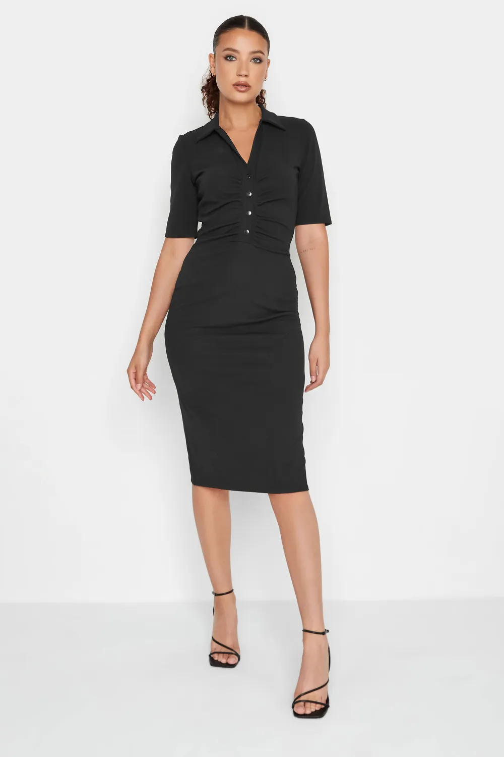 LTS Tall Black Ruched Button Midi Dress