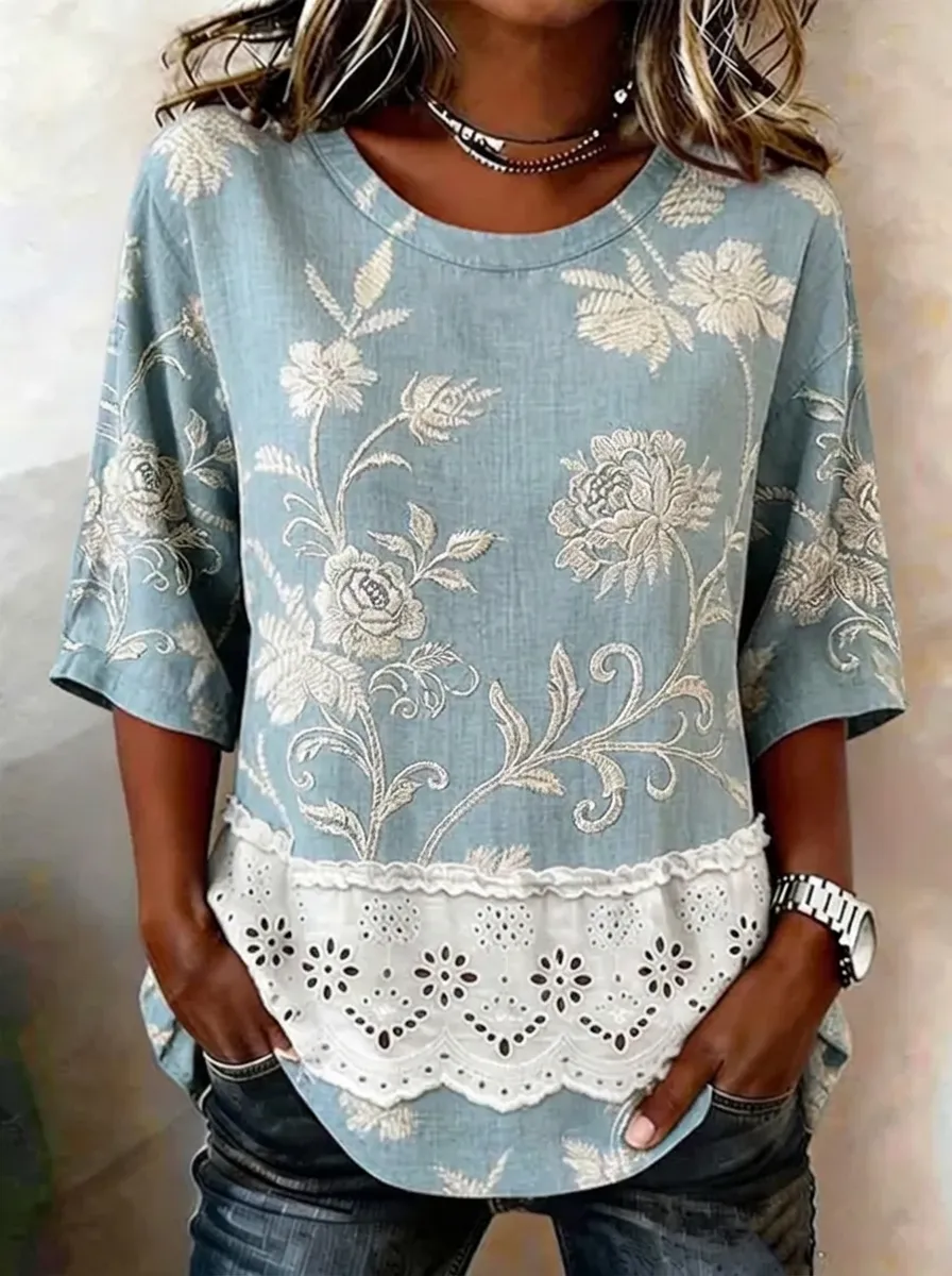 Women's Nashville Floral Lace Trim Printed T-shirt