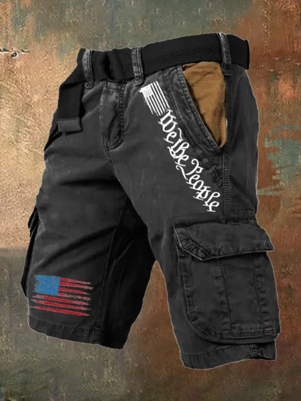 Men's Vintage Flag Independence Day Multi-Pocket Print Cargo Shorts