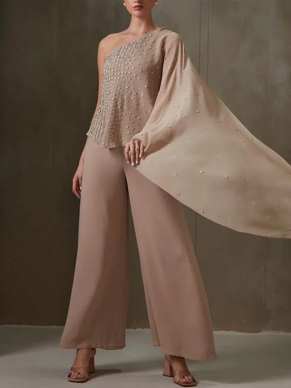 Fluttering Beaded Chiffon One Shoulder Women's Sets