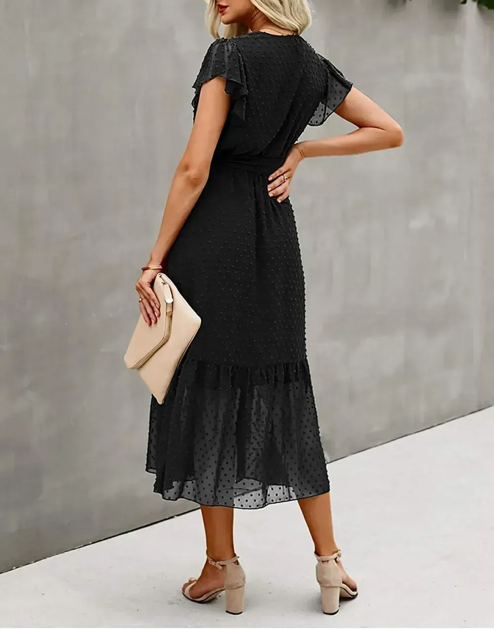 Women Summer Bohemian Floral Casual Wrap V Neck Ruffle Cap Sleeveless Belt A-Line Pleated Hem Swing Midi Sun Dress