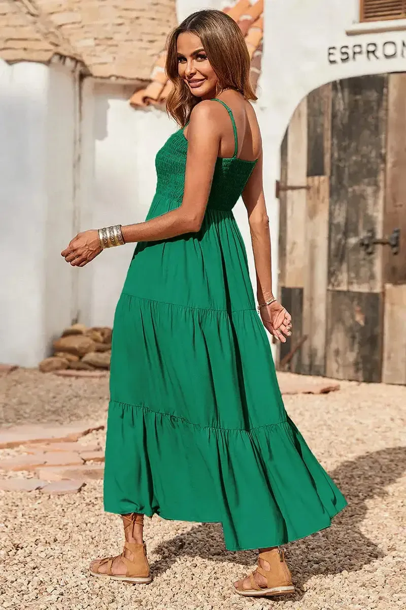 Sleeveless Spaghetti Strap Smocked Tiered Maxi Dress