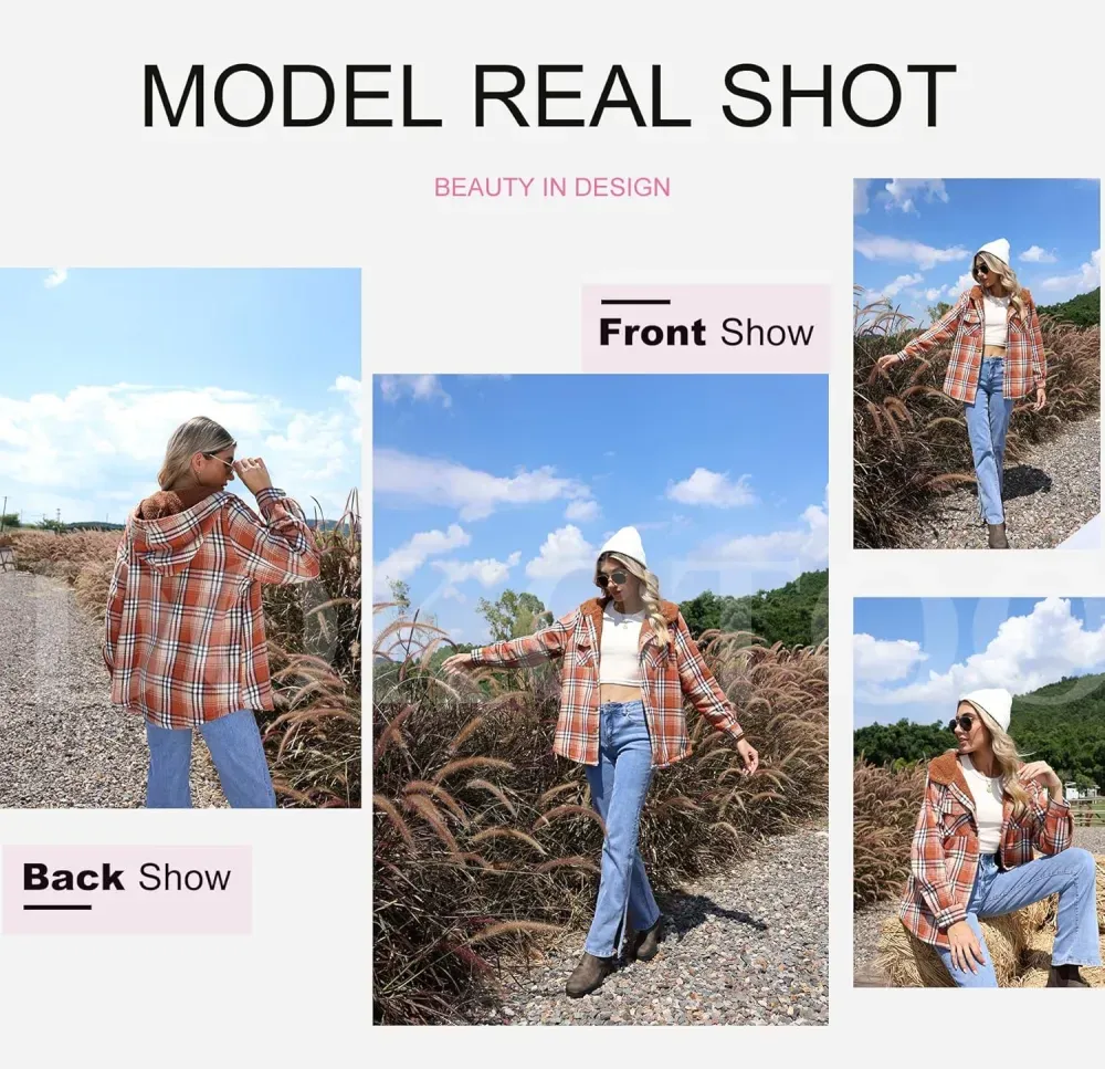 Womens Plaid Shacket Jacket Long Sleeve Button Down Fleece Hooded Jackets Warm Coat