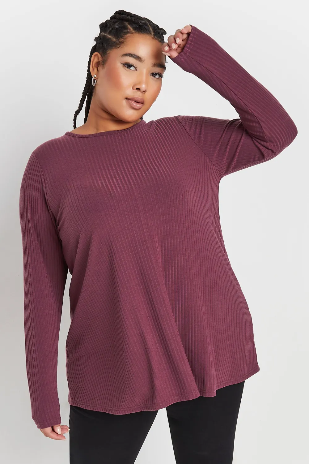 YOURS Curve Black Long Sleeve Ribbed Swing Top