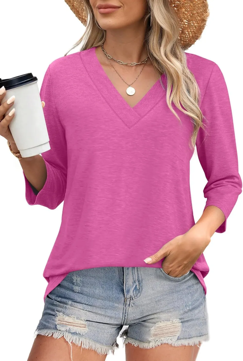 ⏰Hot Sale-Women's V Neck 3/4 Long Sleeve Tops Loose Fit Blouse