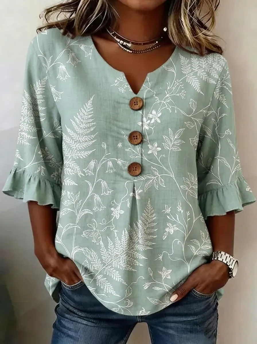 Women's Nashville Botanical Fern Floral Printed V-Neck Button Top