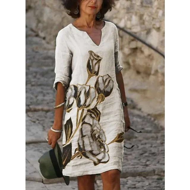 Women‘s Casual Dress Ethnic Dress Shift Dress Midi Dress Leopard Black White Half Sleeve Floral Print Summer Spring V Neck Basic Daily Vacation Weekend 2023 S M L XL XXL 3XL