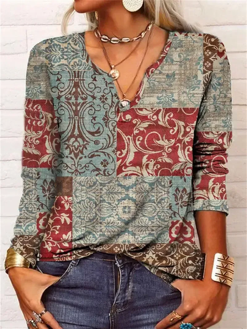 Women V-neck Graphic Floral Printed Long Sleeve Tops