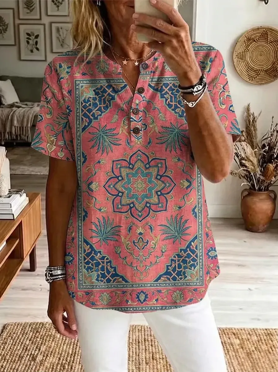 Women's Nashville Boho Mandala Printed Henley Shirt