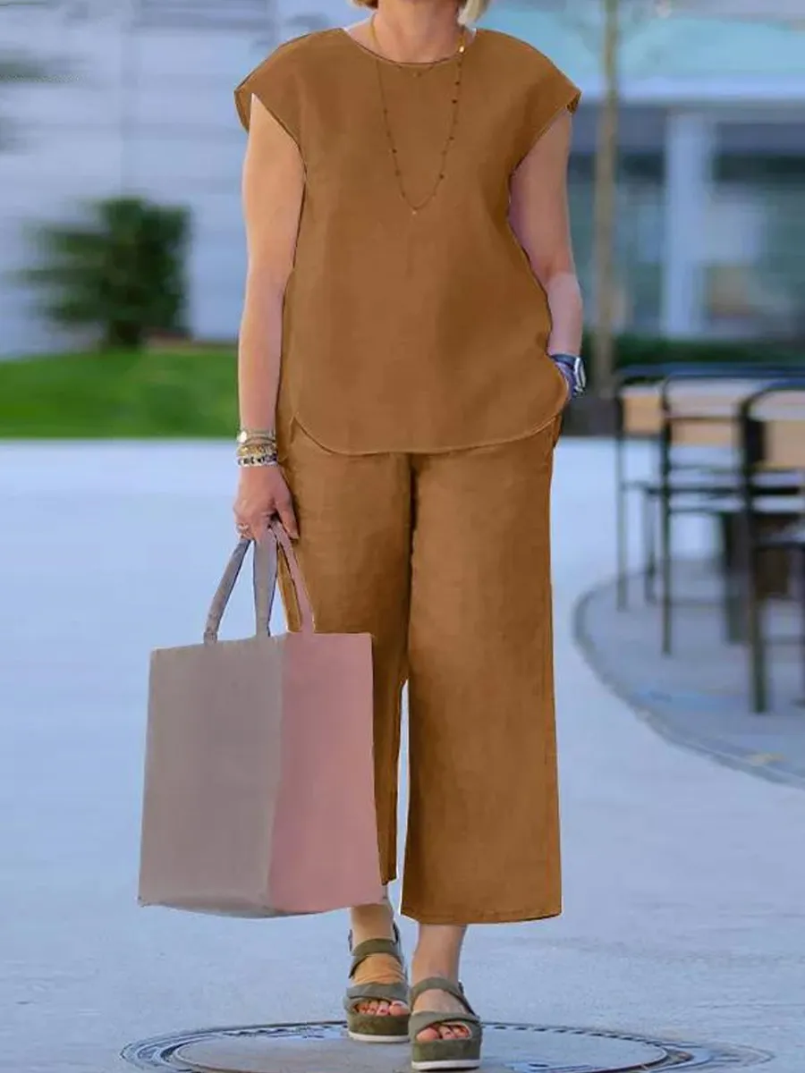 Summer Cotton Linen Loosen Casual Sleeveless Top And Pants Suit