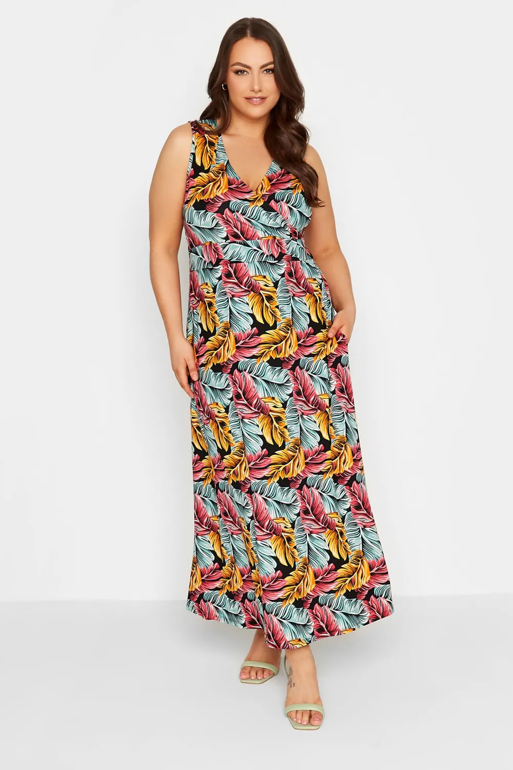 YOURS Curve Black Tropical Leaf Print Wrap Maxi Dress