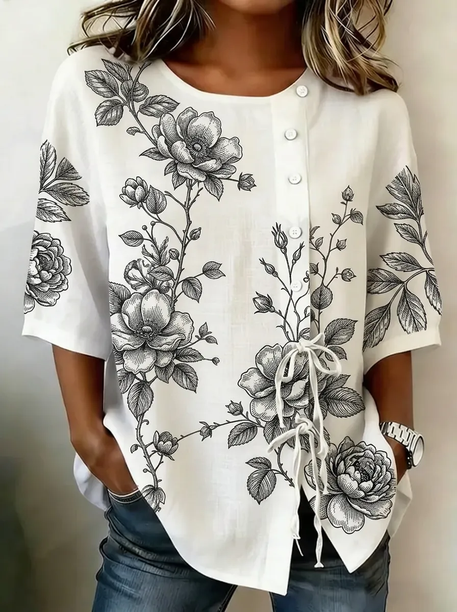 Women's Nashville Floral Sketch Printed Button-Down Top