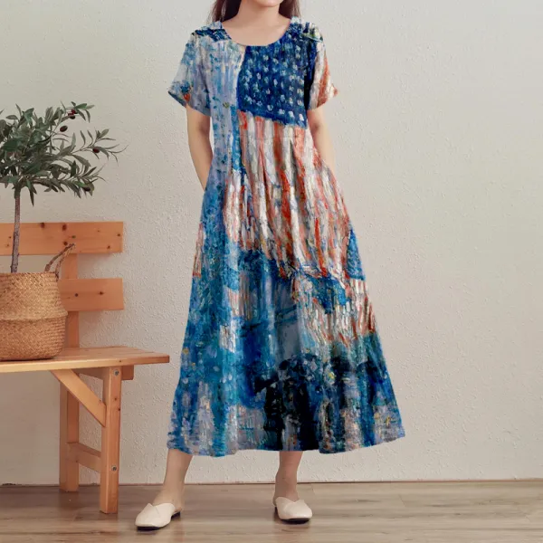 Vintage American Flag Painting Art Linen Maxi Dress