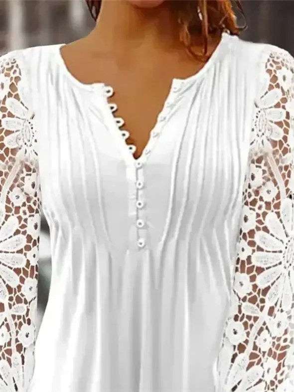 Women Long Sleeve V-neck Floral Lace Top