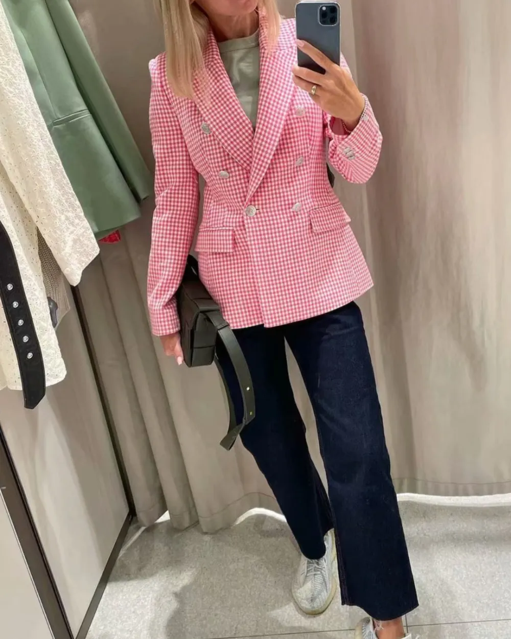 Check Set Double-Breasted Mid-Length Coat