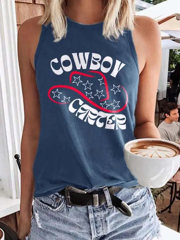 Retro Western Cowboy Hat Print Vest
