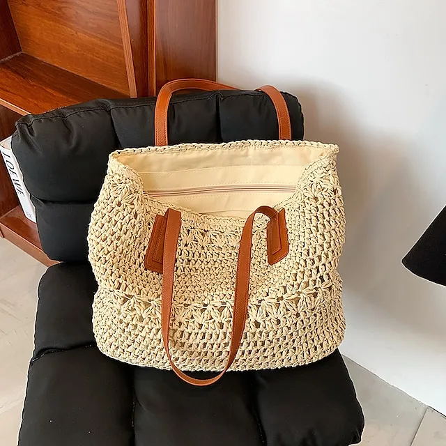 Women's Top Handle Bag Straw Bag Shoulder Bag Straw Outdoor Daily Zipper Solid Color Khaki Beige