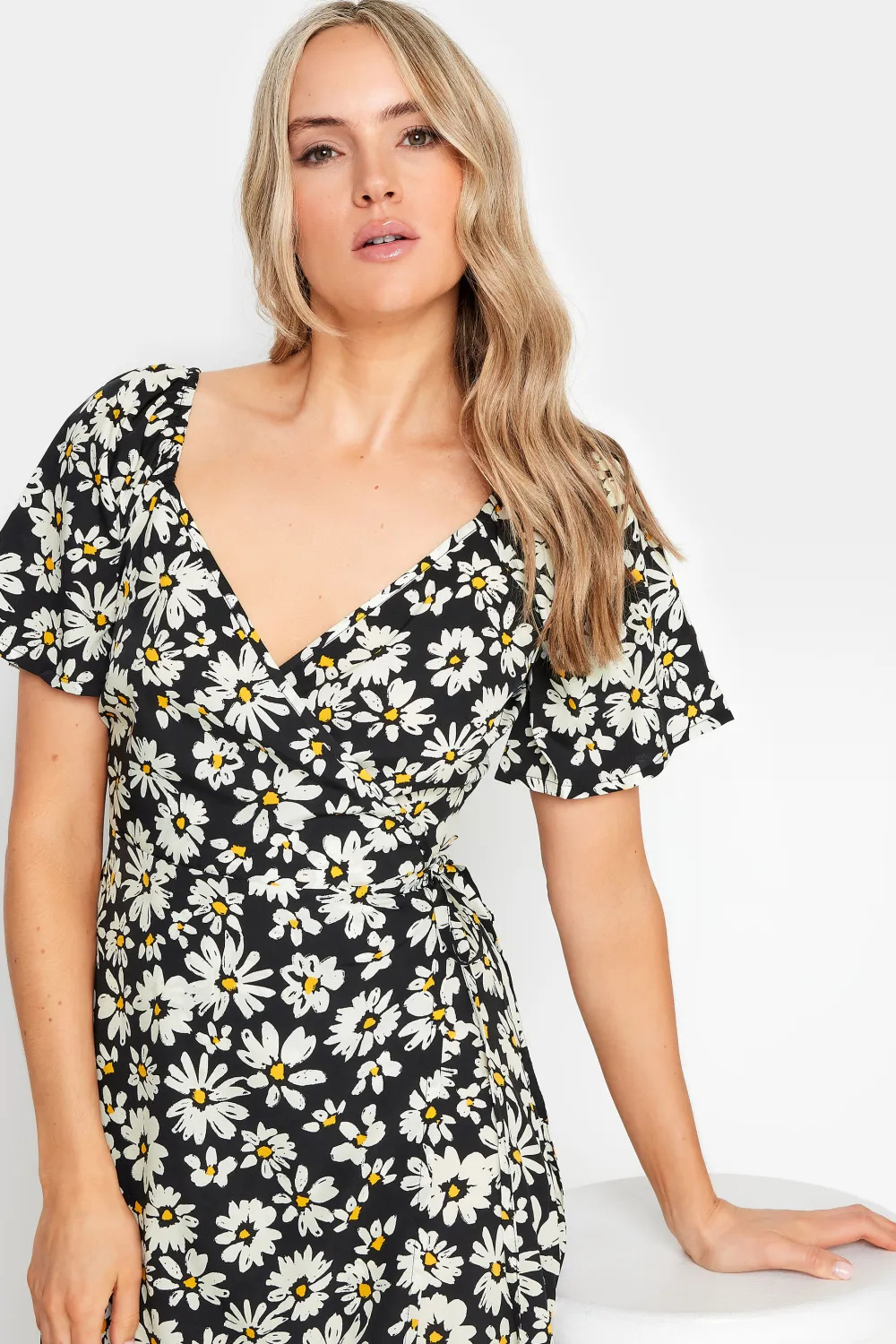 LTS Tall Black Daisy Print Wrap Dress