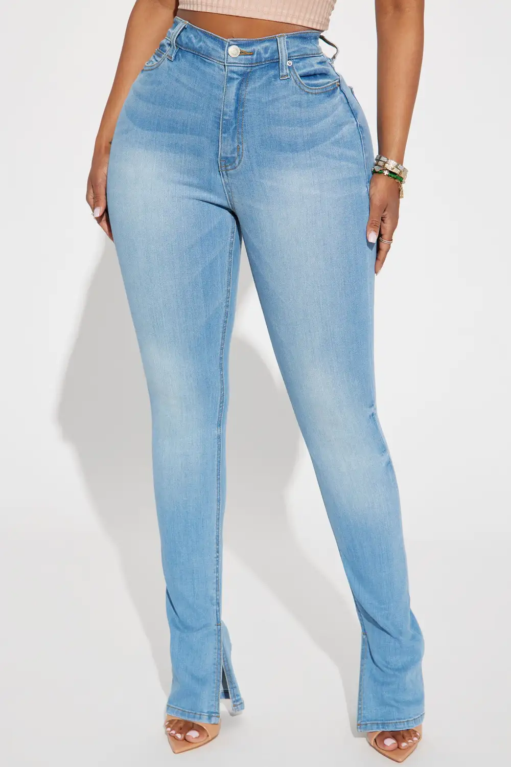 Get My Good Side Slit Premium Stretch Skinny Jeans - Light Blue Wash