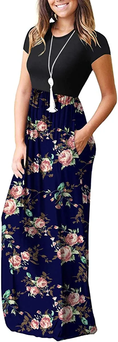 Women's Short Sleeve Loose Plain Maxi Dresses Casual Long Dresses with Pockets