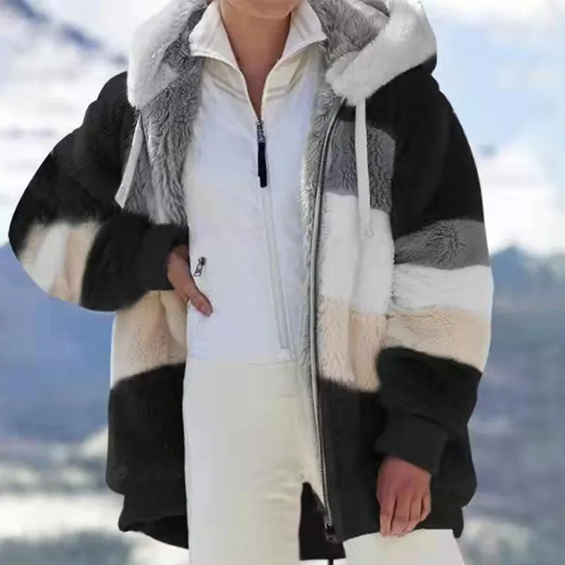 Color Patchwork Plush Hooded Overcoat
