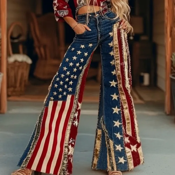 Vintage Independence Day Shining America Flag Patchwork Art Design Jeans