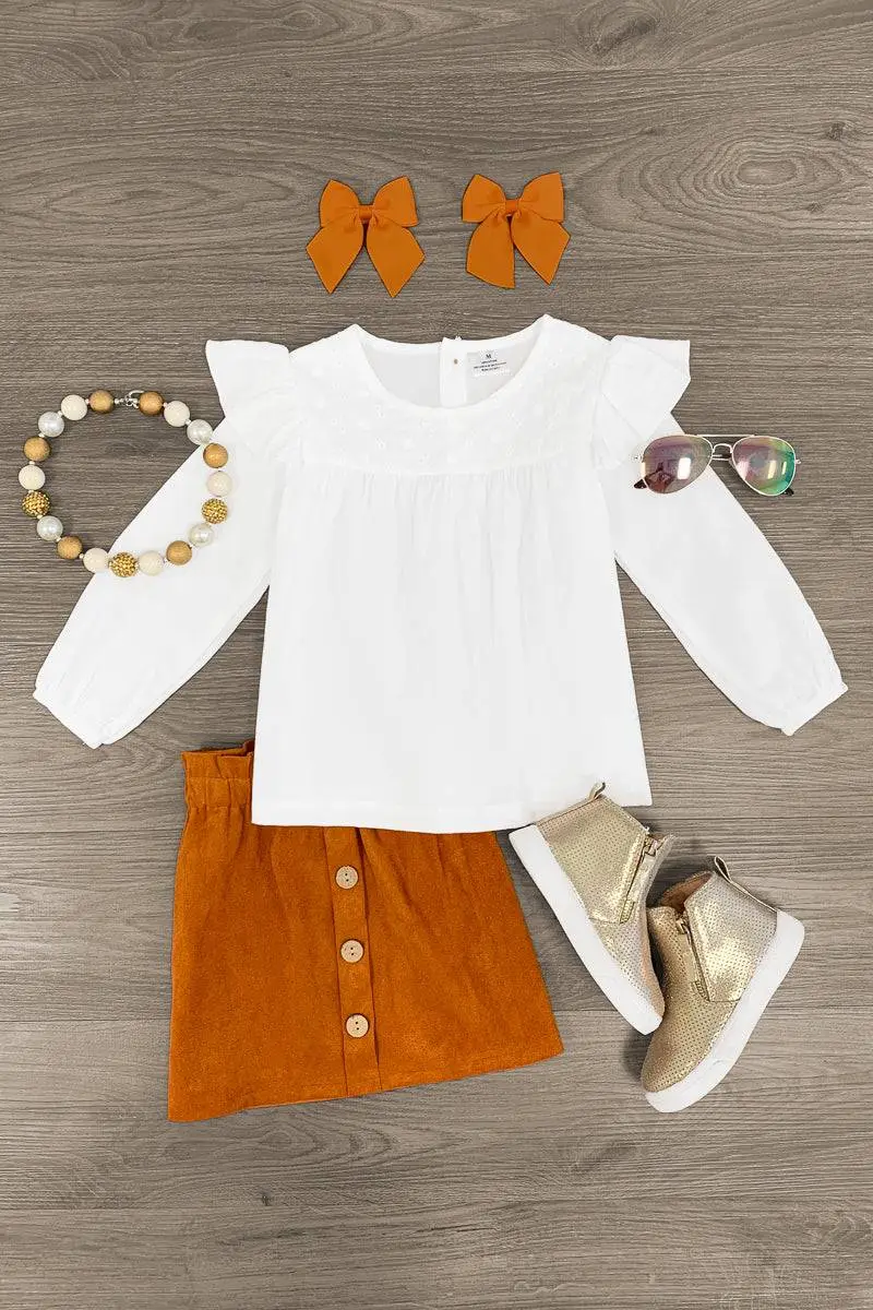 White & Rust Suede Skirt Set