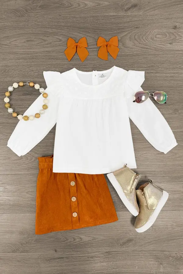 White & Rust Suede Skirt Set