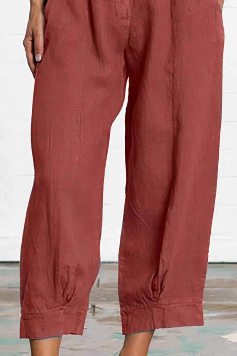Solid Slant Pocket Elastic Waist Crop Pants