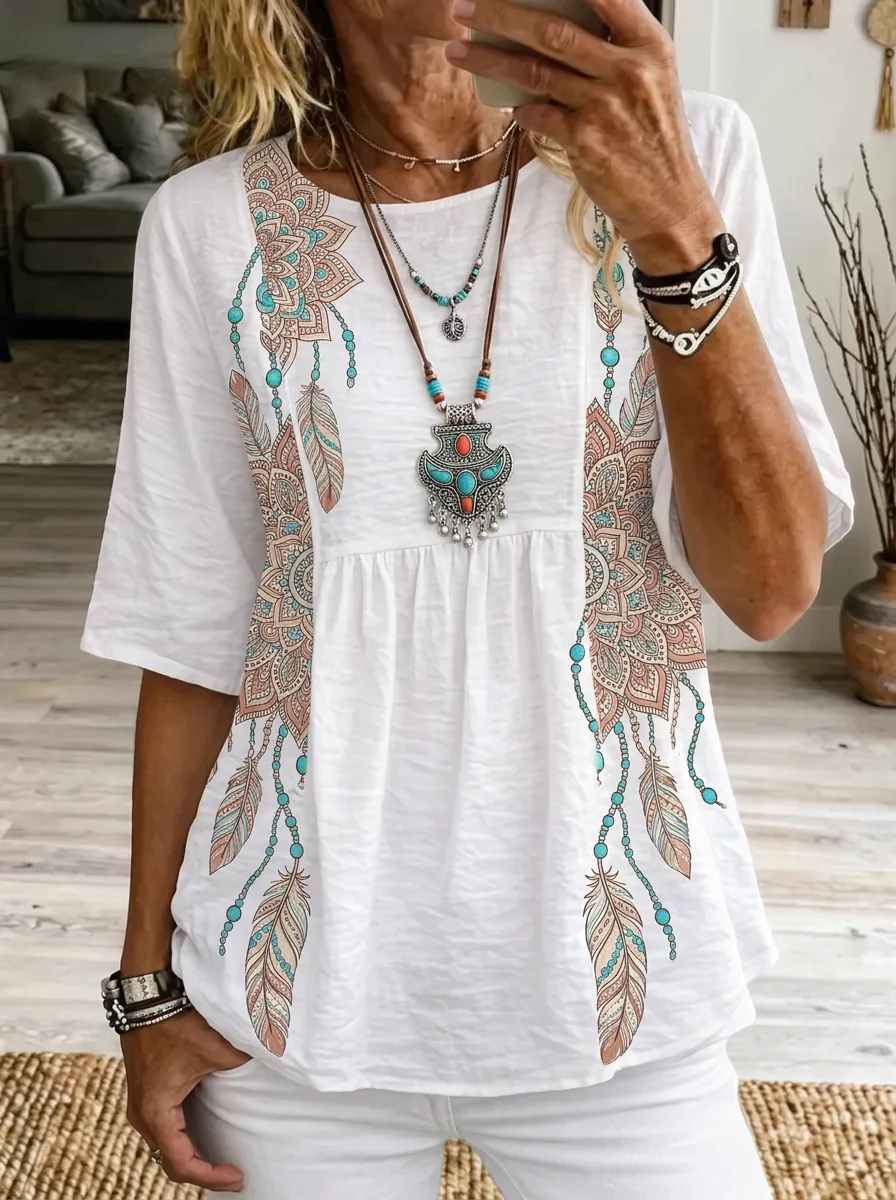 Women's Nashville Boho Mandala Feather Printed T-shirt