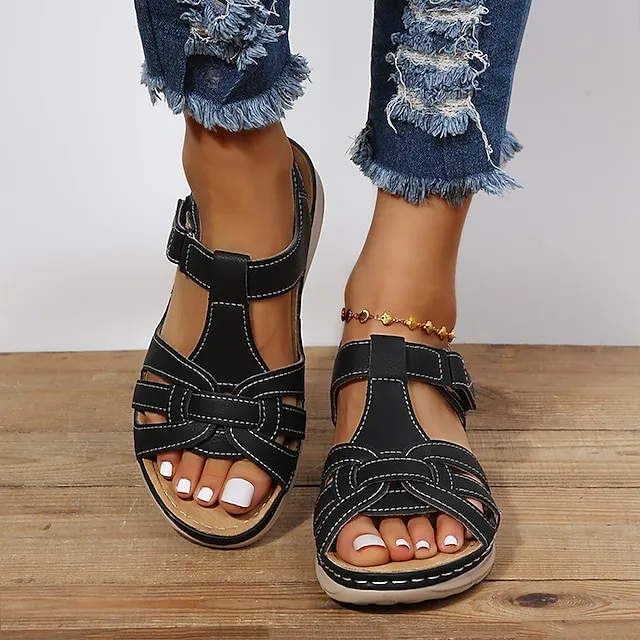 Women's Sandals Wedge Sandals Comfort Shoes Plus Size Outdoor Daily Beach Summer Flat Heel Open Toe Vintage Classic Casual Walking Shoes Faux Leather Magic Tape Solid Color Solid Colored Black Brown