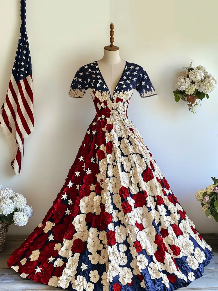 Women's Independence Day Flag And Floral Print Short Sleeve Dress