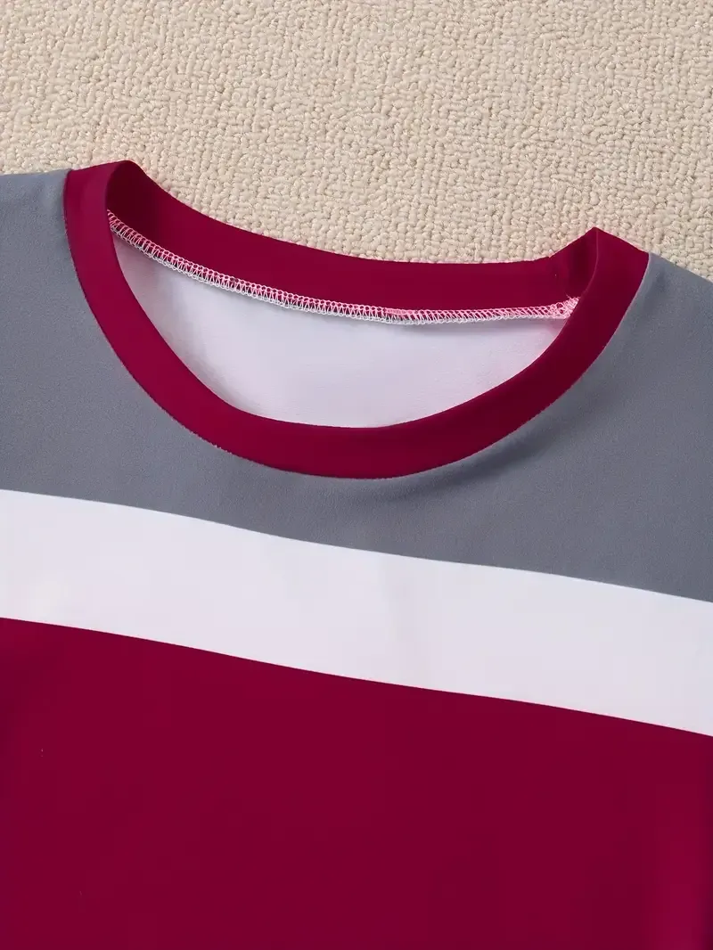 Slim Matching Two-piece Set, Casual Long Sleeve Crew Neck Striped Color Block T-shirt & Solid Elastic Waist Pants Outfit