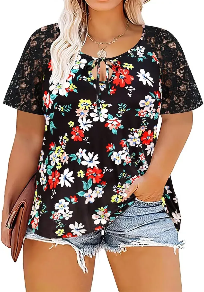 TIYOMI Plus Size T Shirt for Women Short Sleeve Tunic Cross Line Shirts Round Neck Tops Summer Blouse XL-5XL 14-28
