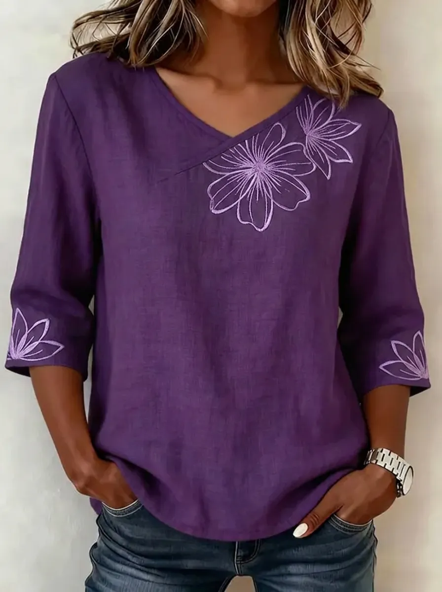 Women's Nashville Floral Embroidered V-Neck Printed Top