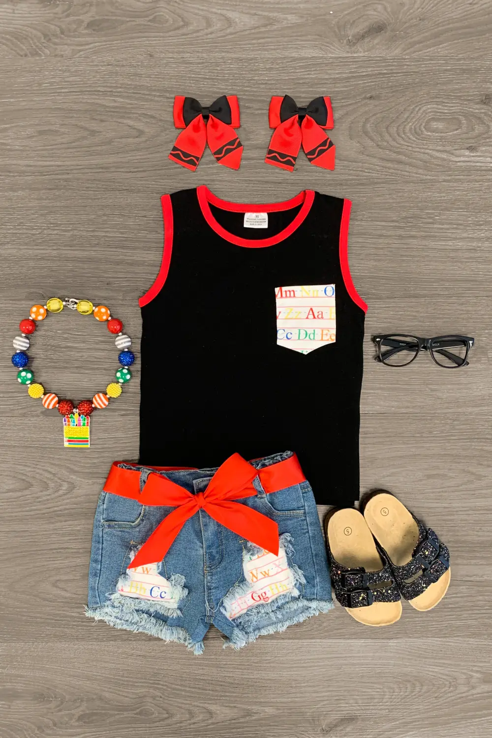 Black Alphabet Pocket Distressed Denim Short Set