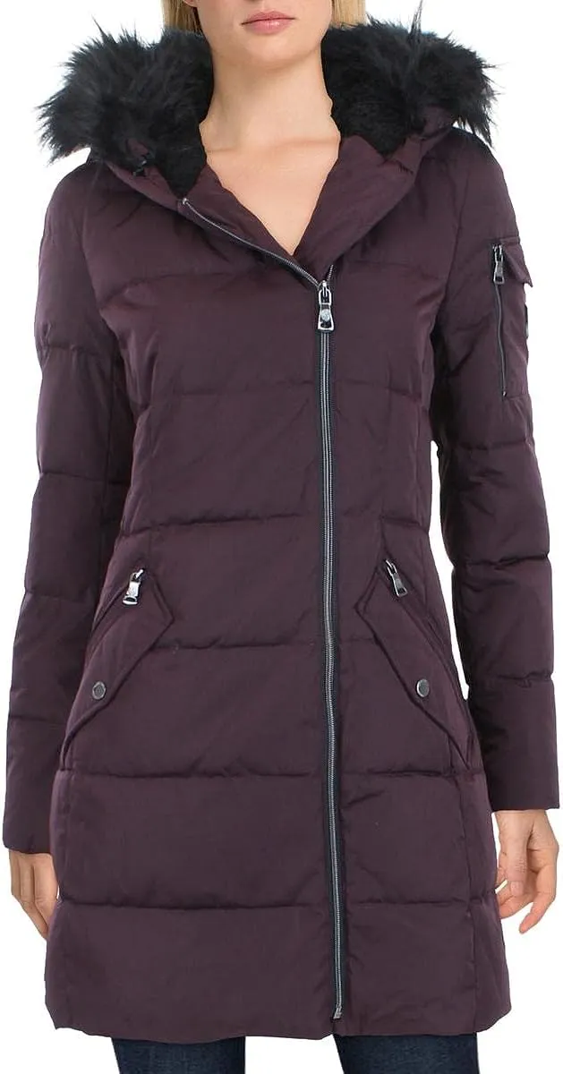 Women's Asymmetric Quilted Down Puffer Coat with Faux Fur Trim