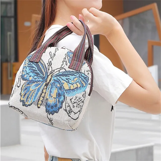Women's Handbag Polyester Cotton Party Daily Zipper Large Capacity Breathable Durable Folk Blue butterfly Yellow Elephant Black elephant