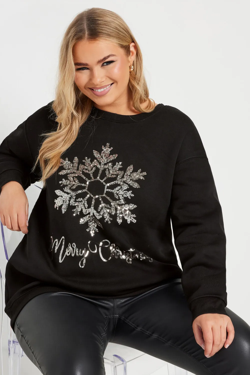 YOURS Curve Black Sequin Embellished 'Merry Christmas' Sweatshirt