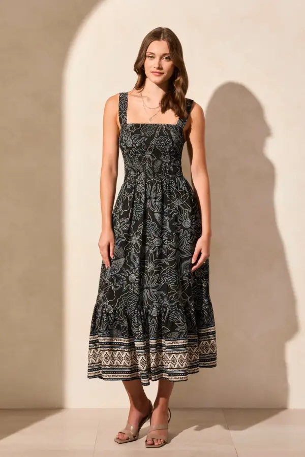 Printed Crepe Ruched Square Neck Sleeveless Dress-Deep Sea