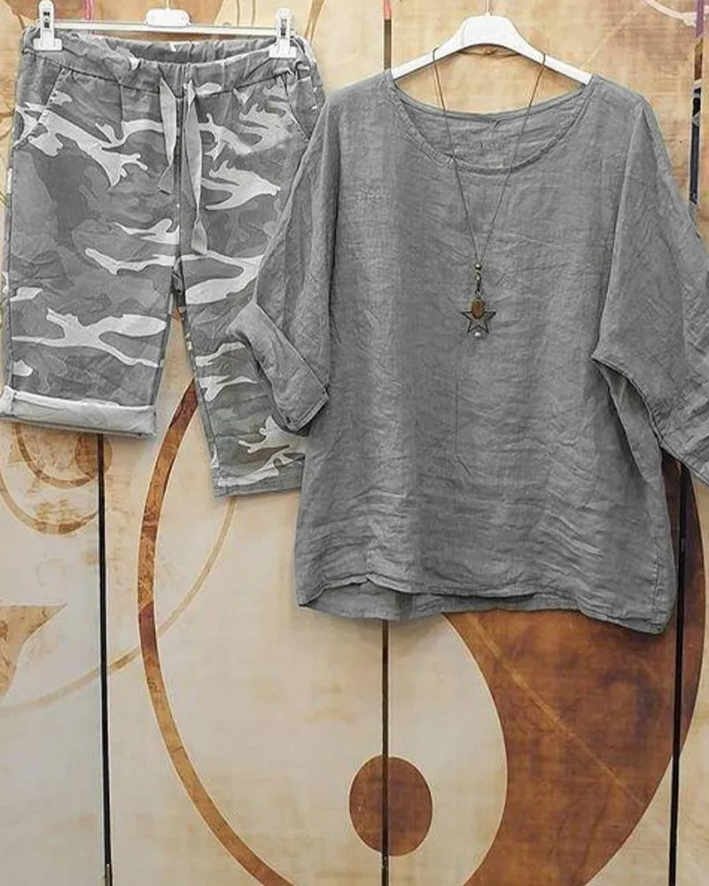 Cotton Linen Shirt & Pants Relaxed Fit S-5XL Relax Fit Pants & Short Solid Sleeve Shirt Suit Cotton Linen Two-piece Matching Set