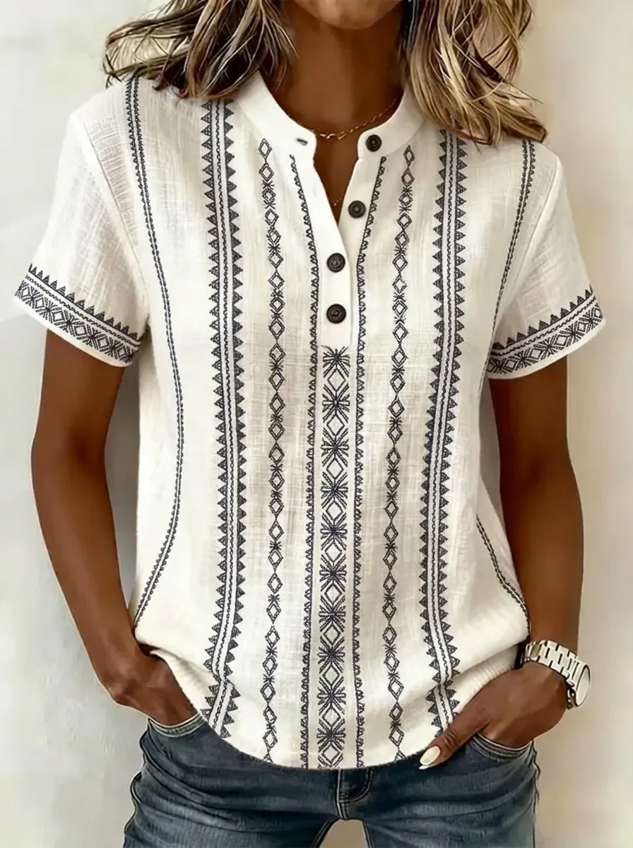 Women's Nashville Western Geometric Printed Henley Shirt